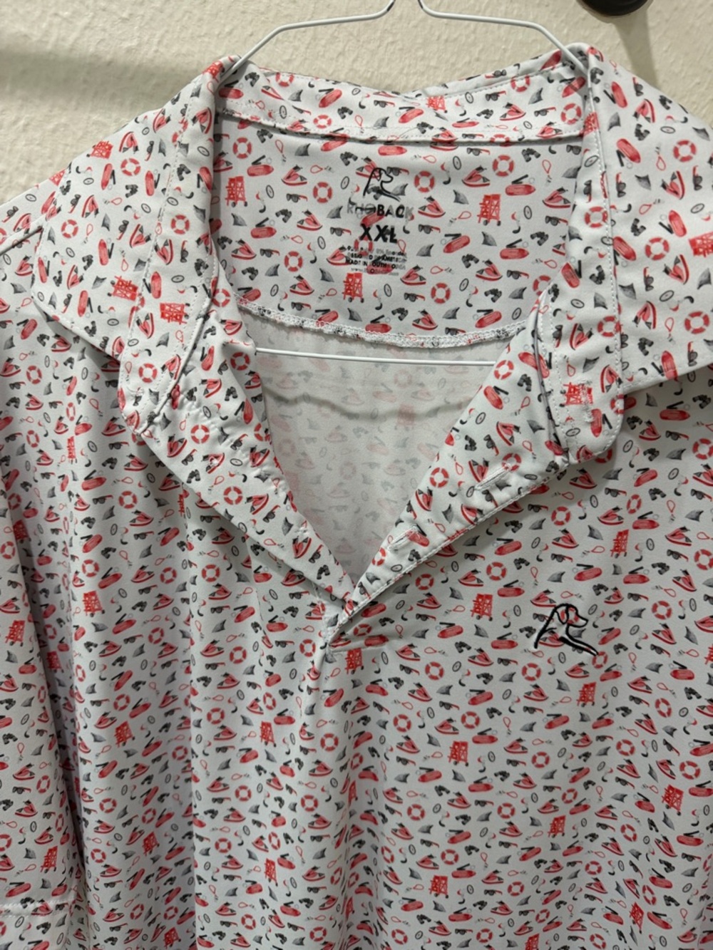Rhoback White Polo with Red & Black Nautical Motif
